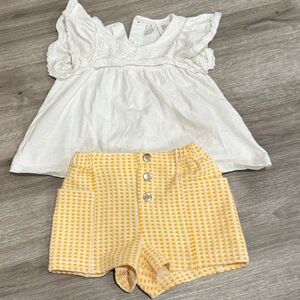 Joie White Eyelet Top & Yellow Gingham Shorts Kids Matching Set